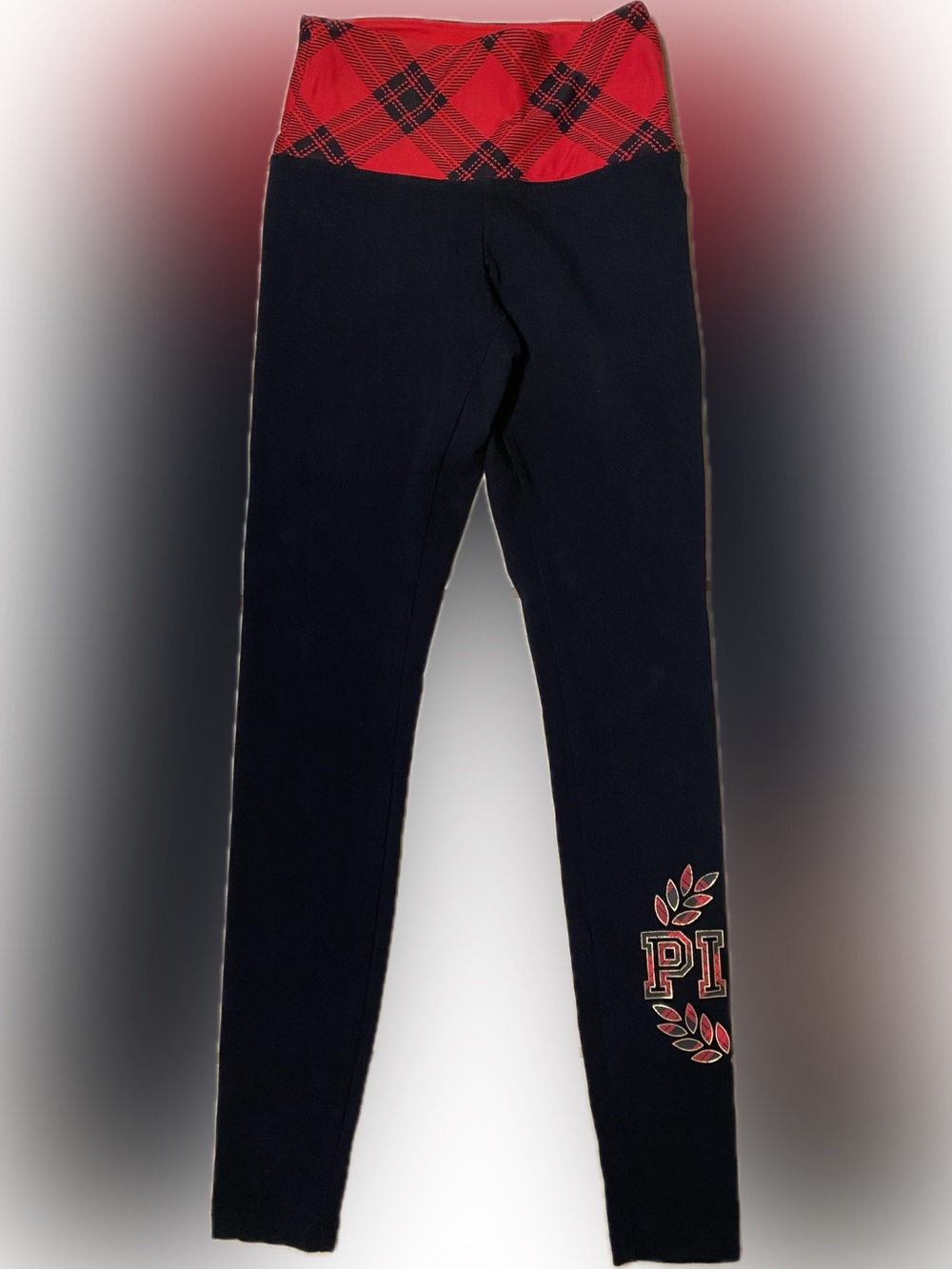 PINK Victoria's Secret Black Leggings with Red Plaid Waistband